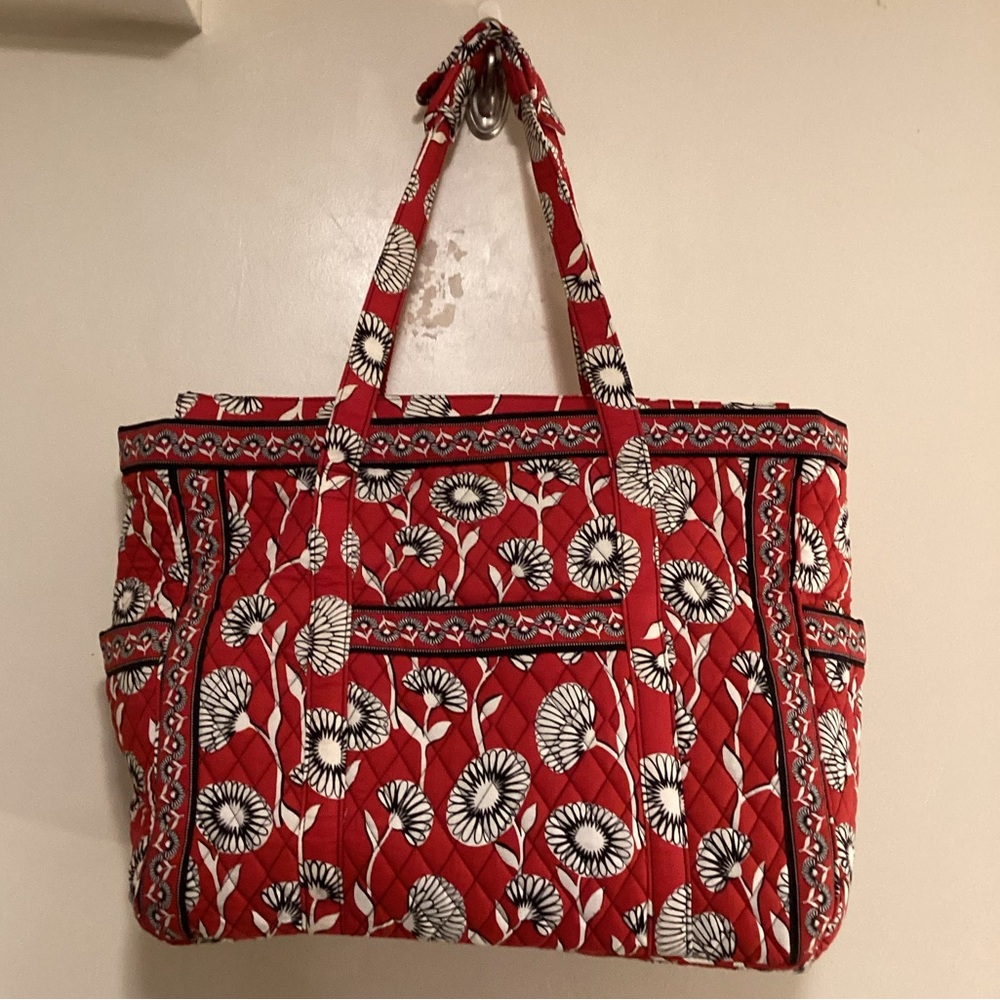 Vera Bradley Red Quilted Floral Tote Bag with Pockets